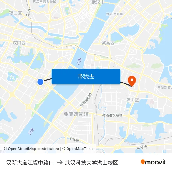 汉新大道江堤中路口 to 武汉科技大学洪山校区 map
