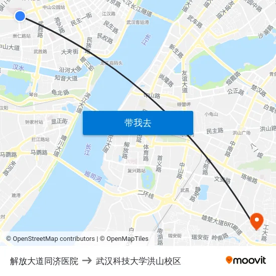 解放大道同济医院 to 武汉科技大学洪山校区 map