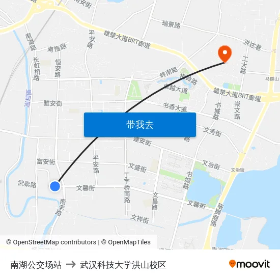 南湖公交场站 to 武汉科技大学洪山校区 map