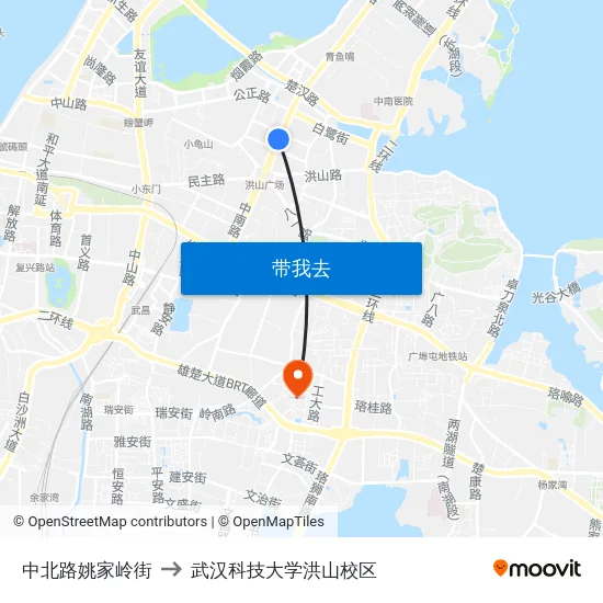 中北路姚家岭街 to 武汉科技大学洪山校区 map
