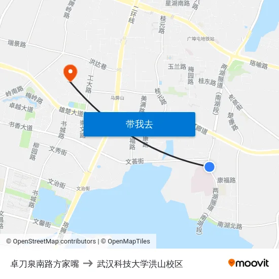 卓刀泉南路方家嘴 to 武汉科技大学洪山校区 map