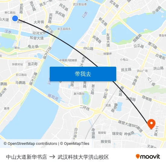 中山大道新华书店 to 武汉科技大学洪山校区 map