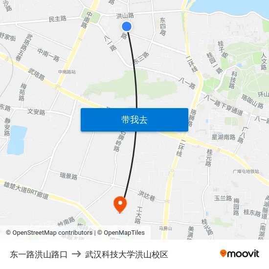 东一路洪山路口 to 武汉科技大学洪山校区 map