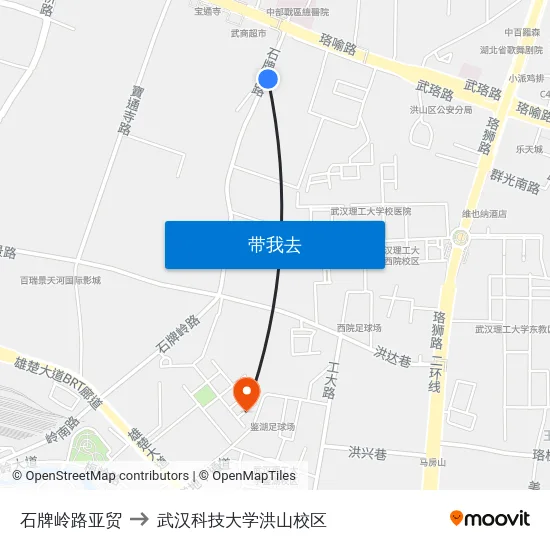 石牌岭路亚贸 to 武汉科技大学洪山校区 map