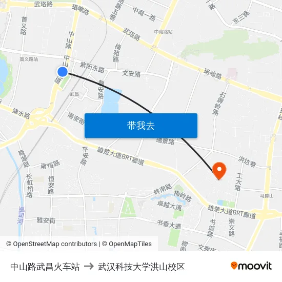 中山路武昌火车站 to 武汉科技大学洪山校区 map