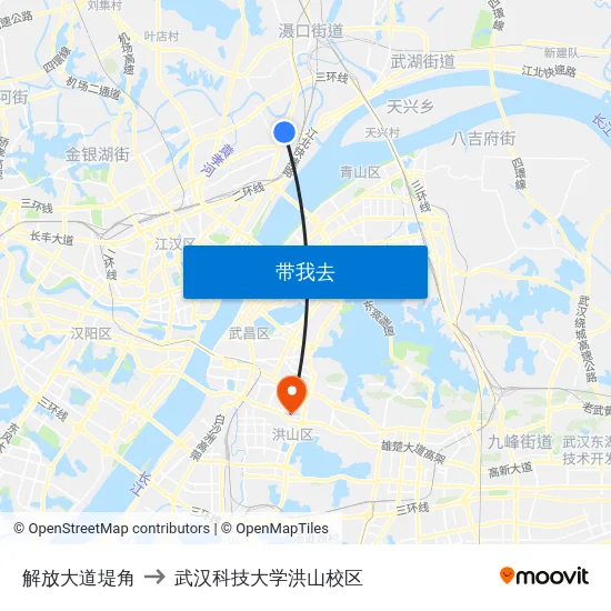 解放大道堤角 to 武汉科技大学洪山校区 map
