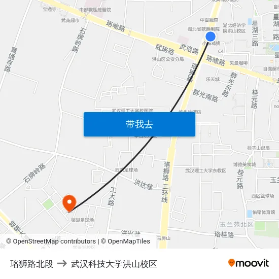 珞狮路北段 to 武汉科技大学洪山校区 map