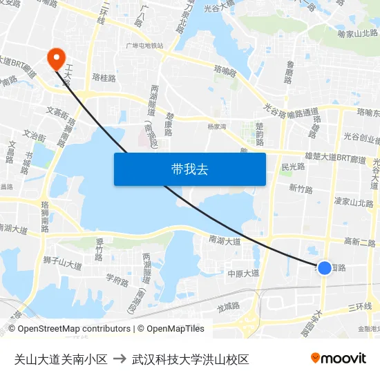关山大道关南小区 to 武汉科技大学洪山校区 map