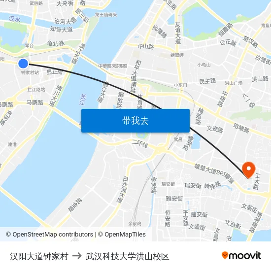 汉阳大道钟家村 to 武汉科技大学洪山校区 map