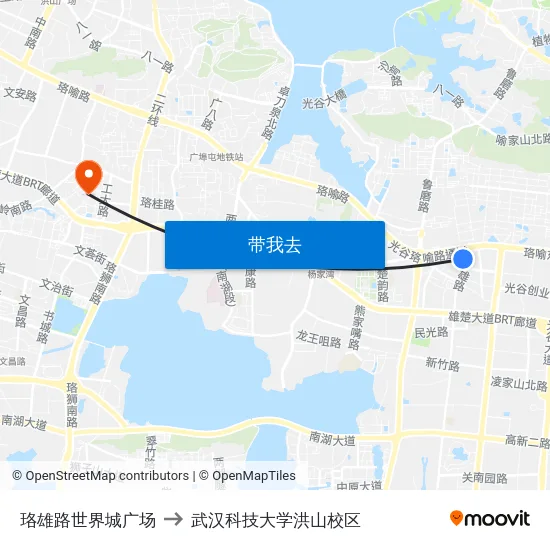 珞雄路世界城广场 to 武汉科技大学洪山校区 map