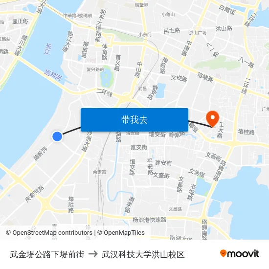 武金堤公路下堤前街 to 武汉科技大学洪山校区 map