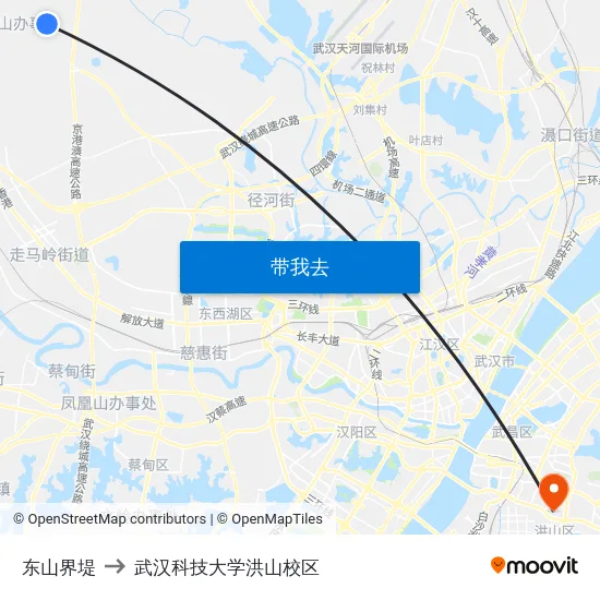 东山界堤 to 武汉科技大学洪山校区 map