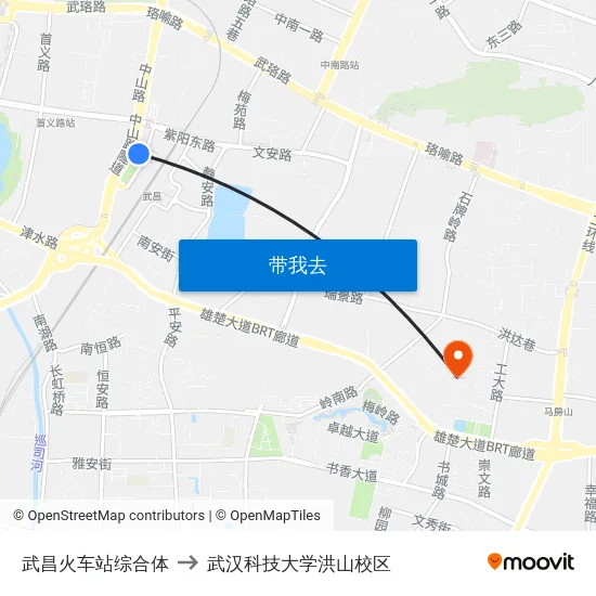 武昌火车站综合体 to 武汉科技大学洪山校区 map
