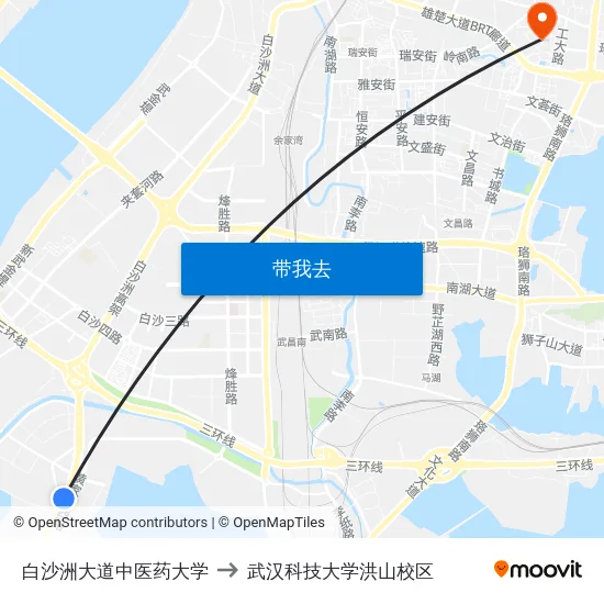 白沙洲大道中医药大学 to 武汉科技大学洪山校区 map