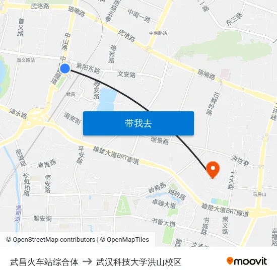 武昌火车站综合体 to 武汉科技大学洪山校区 map