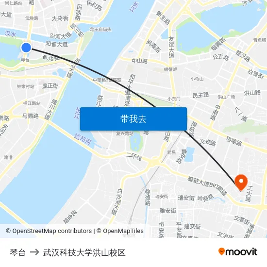 琴台 to 武汉科技大学洪山校区 map