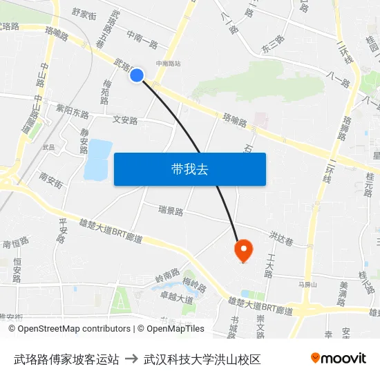 武珞路傅家坡客运站 to 武汉科技大学洪山校区 map