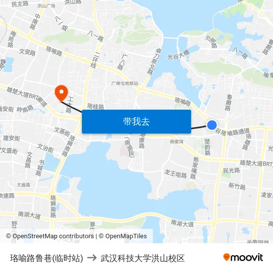 珞喻路鲁巷(临时站) to 武汉科技大学洪山校区 map