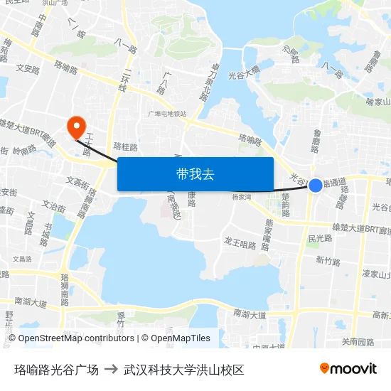 珞喻路光谷广场 to 武汉科技大学洪山校区 map