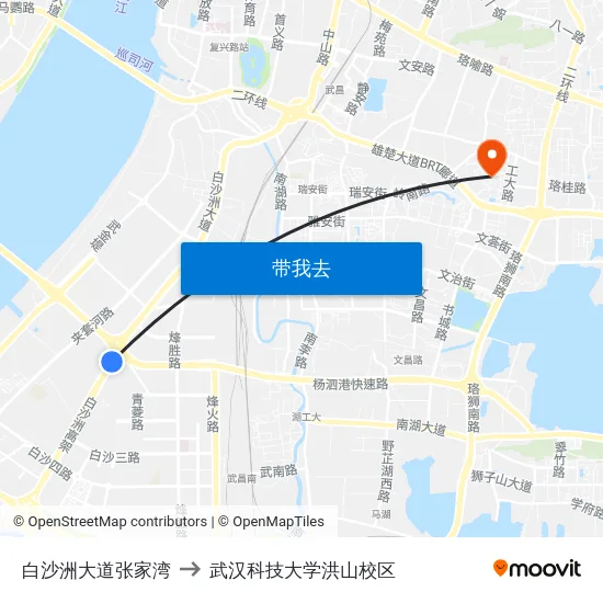 白沙洲大道张家湾 to 武汉科技大学洪山校区 map