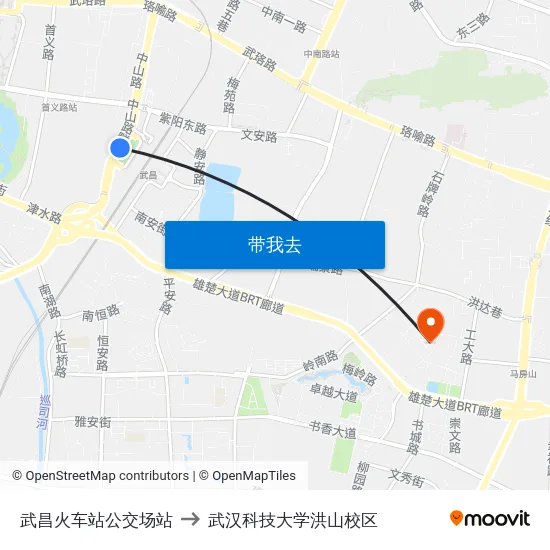武昌火车站公交场站 to 武汉科技大学洪山校区 map