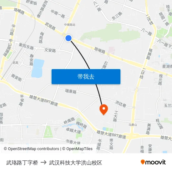 武珞路丁字桥 to 武汉科技大学洪山校区 map
