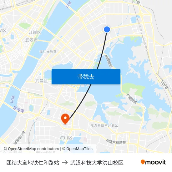 团结大道地铁仁和路站 to 武汉科技大学洪山校区 map