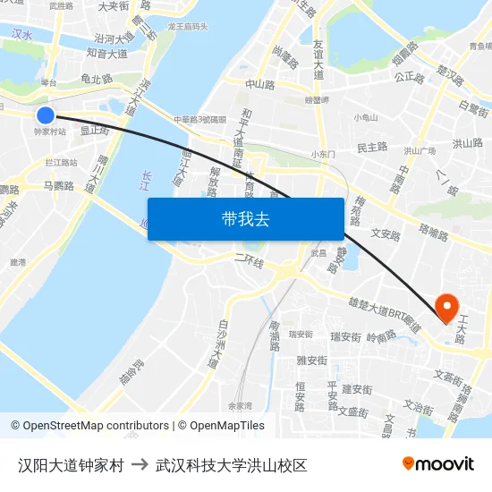 汉阳大道钟家村 to 武汉科技大学洪山校区 map