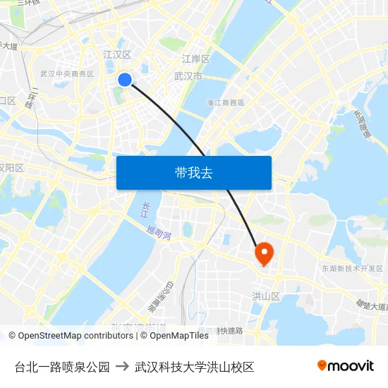 台北一路喷泉公园 to 武汉科技大学洪山校区 map