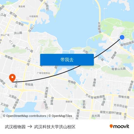 武汉植物园 to 武汉科技大学洪山校区 map