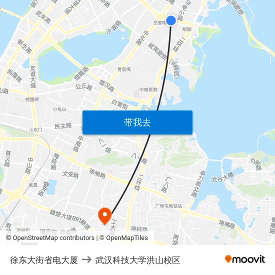 徐东大街省电大厦 to 武汉科技大学洪山校区 map