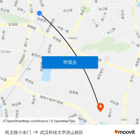 民主路小东门 to 武汉科技大学洪山校区 map