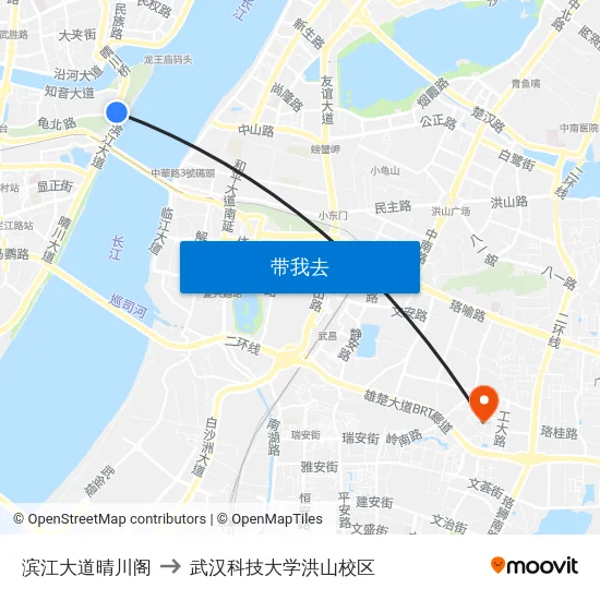 滨江大道晴川阁 to 武汉科技大学洪山校区 map