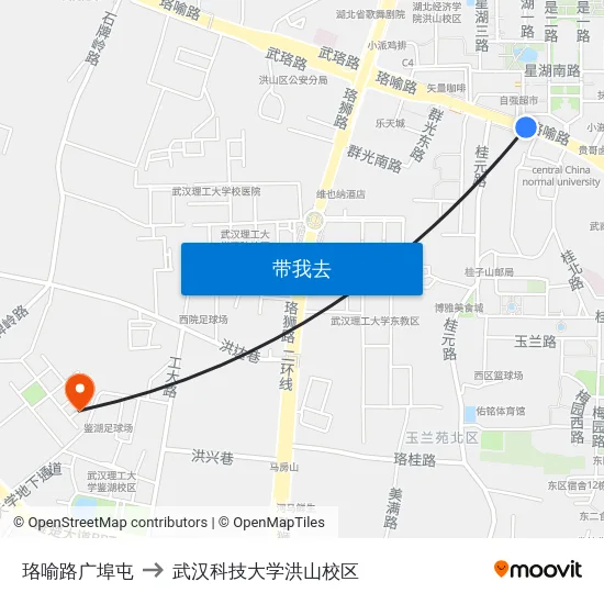 珞喻路广埠屯 to 武汉科技大学洪山校区 map