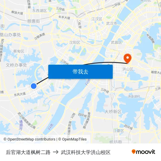 后官湖大道枫树二路 to 武汉科技大学洪山校区 map