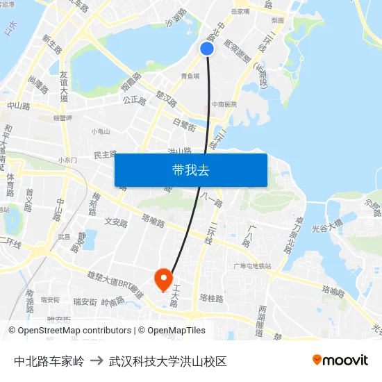 中北路车家岭 to 武汉科技大学洪山校区 map