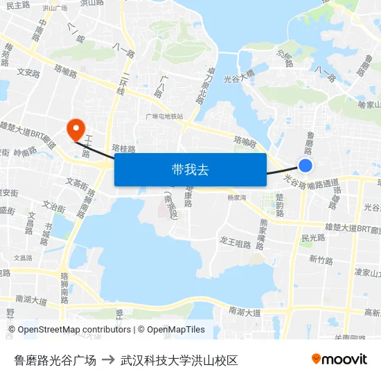 鲁磨路光谷广场 to 武汉科技大学洪山校区 map