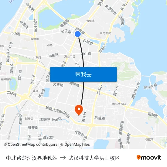 中北路楚河汉界地铁站 to 武汉科技大学洪山校区 map