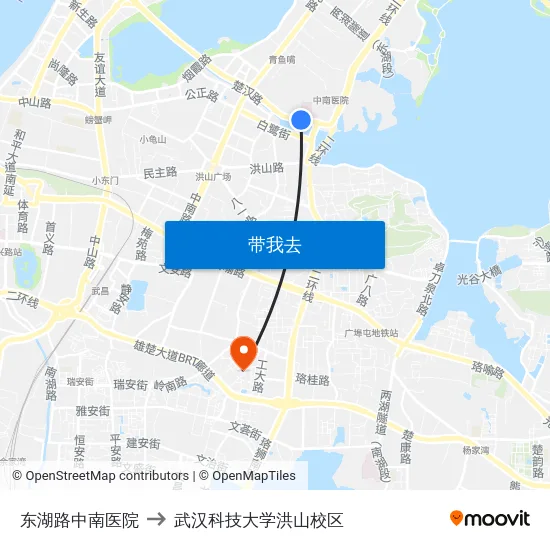 东湖路中南医院 to 武汉科技大学洪山校区 map