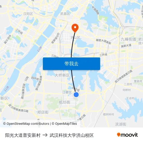 阳光大道普安新村 to 武汉科技大学洪山校区 map