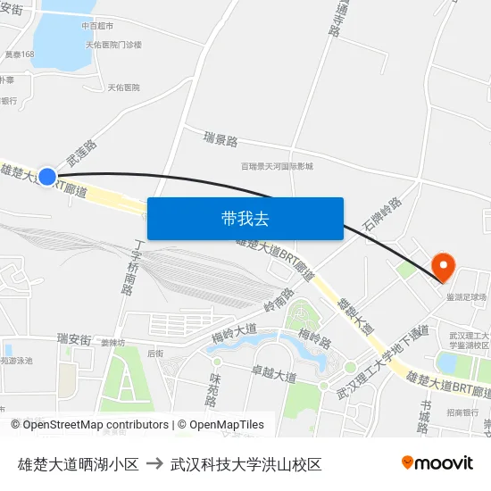 雄楚大道晒湖小区 to 武汉科技大学洪山校区 map