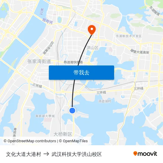 文化大道大港村 to 武汉科技大学洪山校区 map