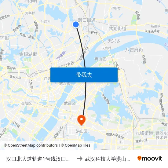 汉口北大道轨道1号线汉口北站 to 武汉科技大学洪山校区 map