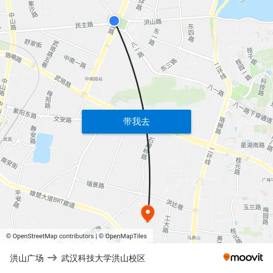 洪山广场 to 武汉科技大学洪山校区 map