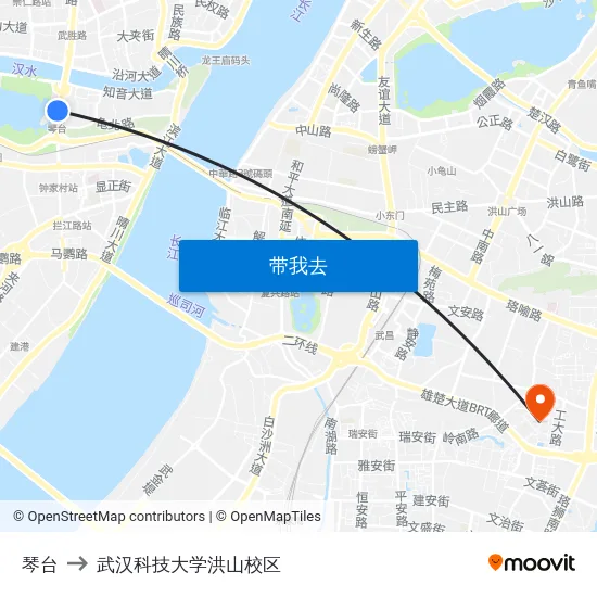 琴台 to 武汉科技大学洪山校区 map