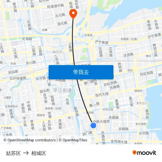 姑苏区 to 相城区 map