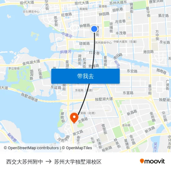 西交大苏州附中 to 苏州大学独墅湖校区 map