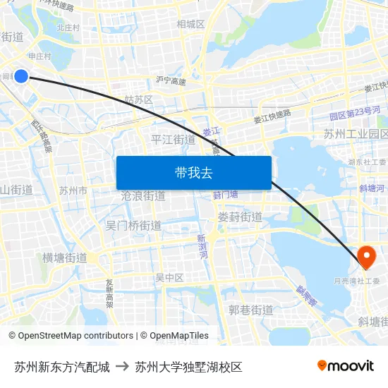 苏州新东方汽配城 to 苏州大学独墅湖校区 map