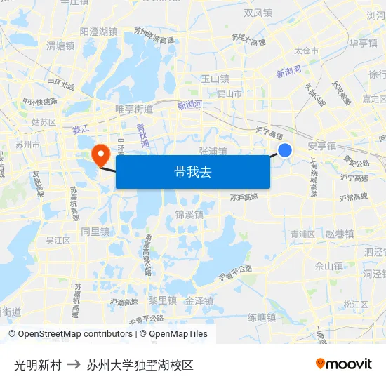 光明新村 to 苏州大学独墅湖校区 map