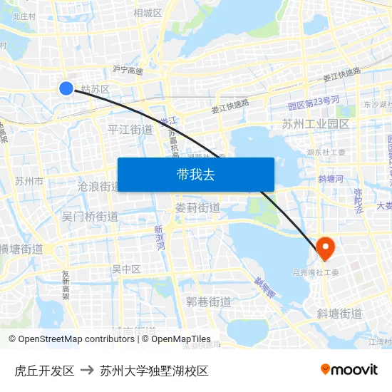 虎丘开发区 to 苏州大学独墅湖校区 map
